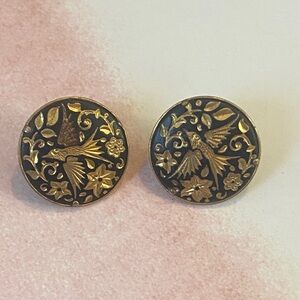 Damascene Gold and Black Bird Motif Earrings
